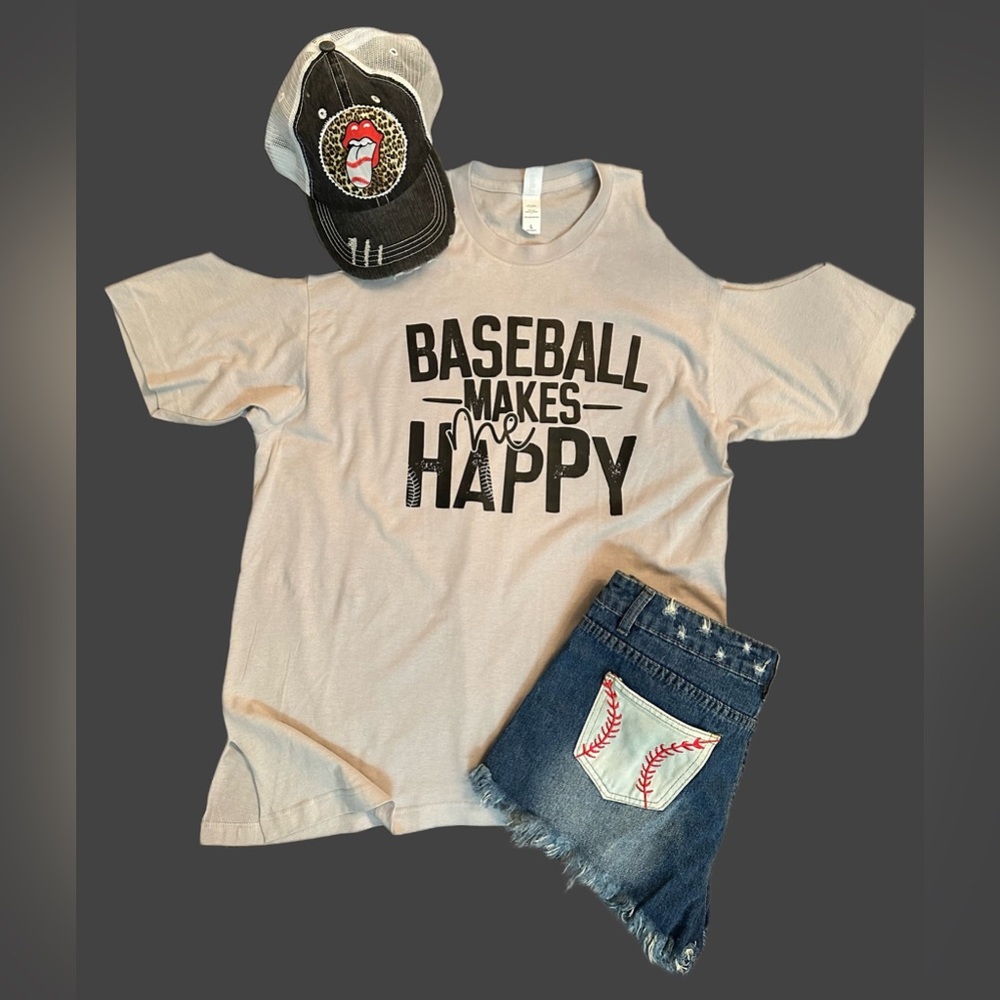 New! Size Large Cold Shoulder Baseball Makes Me Happy T-Shirt